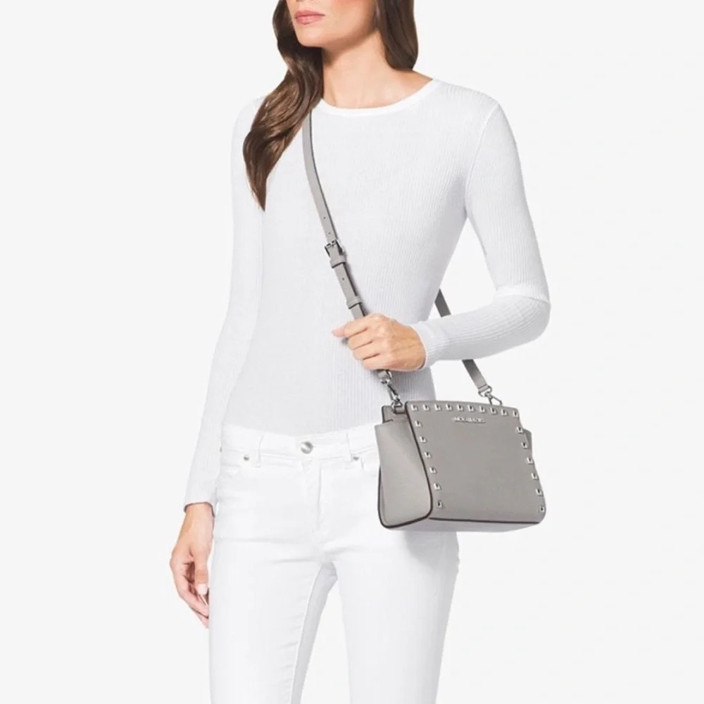 MICHAEL KORS Gray Selma Stud Saffiano Leather Bag